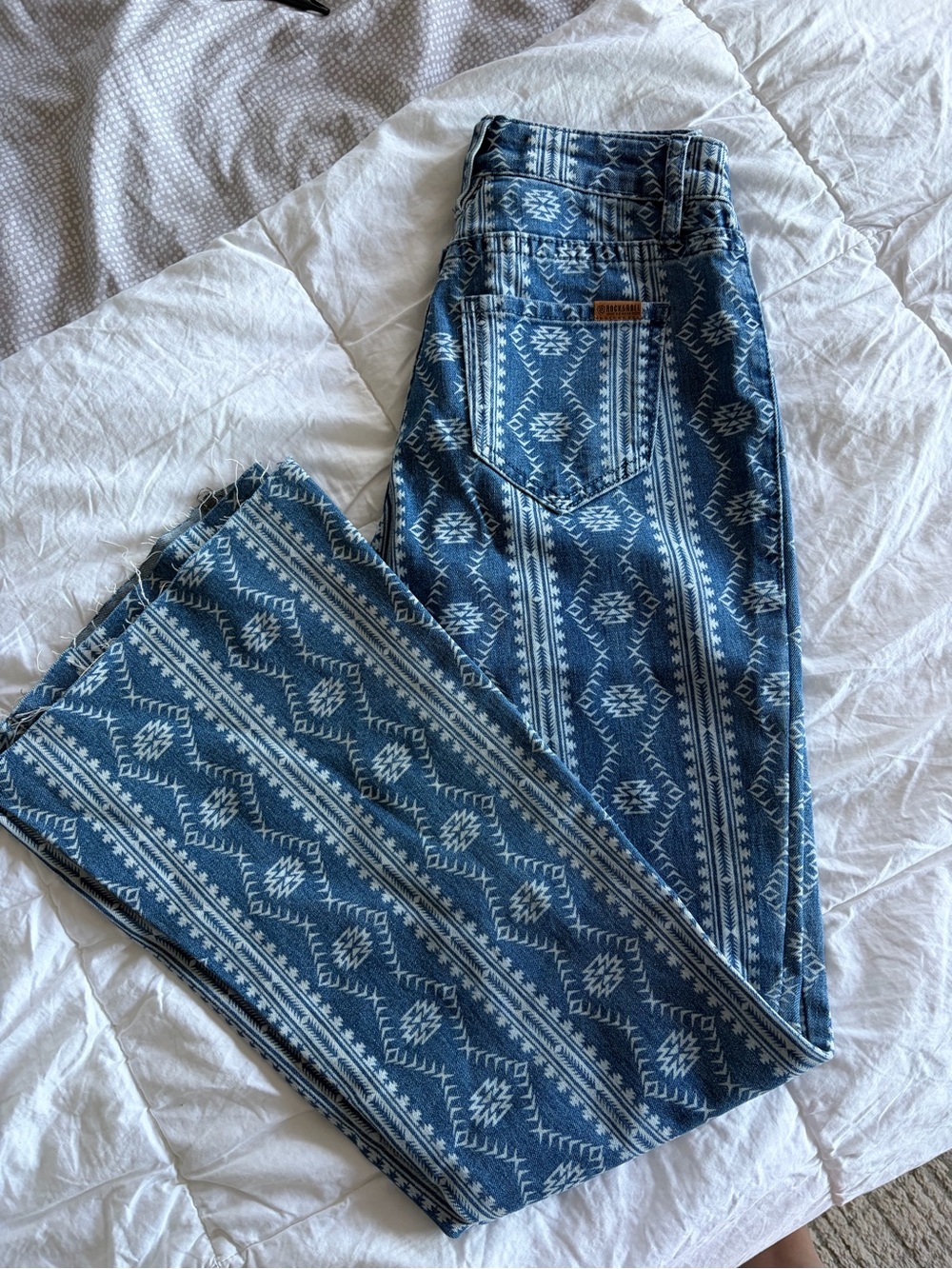 Rock & Roll Denim Bargain Button Flare Jeans - Blue & White Aztec Print